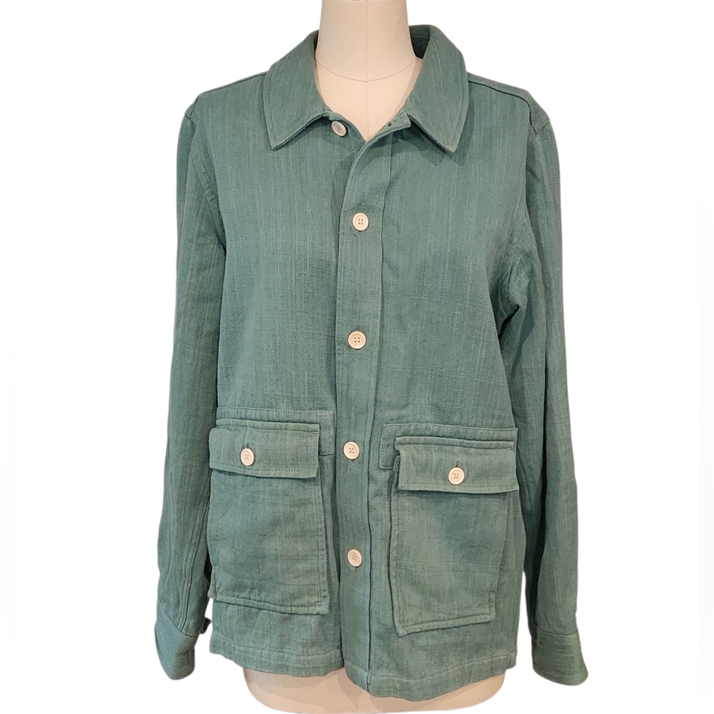 Umber & Ochre Akash Chore Coat Cyan Green Button Cargo Denim Shirt M